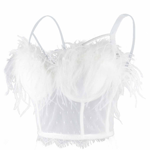 Women's Feather Tassel Cut Cross Strappy Lace Bustier Tops Sexy Club Party Crop Top White - FANCYMAKE