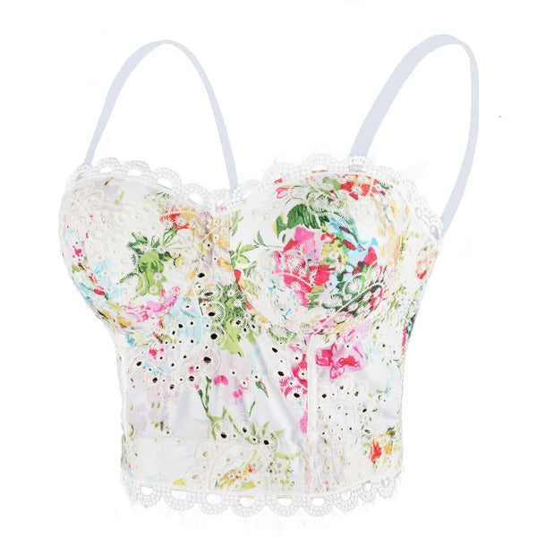 Women's Embroidery Floral Hollow Lace Bustier Crop Top Sexy Corset Bra Tops White - FANCYMAKE