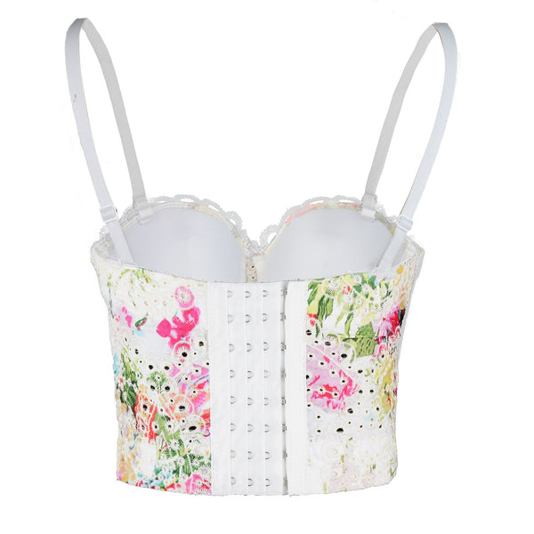 Women's Embroidery Floral Hollow Lace Bustier Crop Top Sexy Corset Bra Tops White - FANCYMAKE
