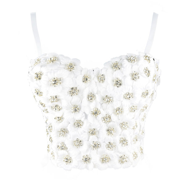 Women's 3D Floral Rhinestone Diamond Bustier Crop Top Party Club Bra Tops White - FANCYMAKE