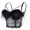 Women's Feather Tassel Cut Cross Strappy Lace Bustier Tops Sexy Club Party Crop Top Black