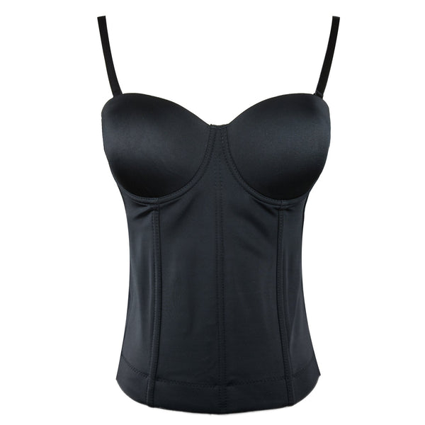 Women Smooth Long Bustier Crop Top Basic Corset Top Black with Detachable Straps - FANCYMAKE