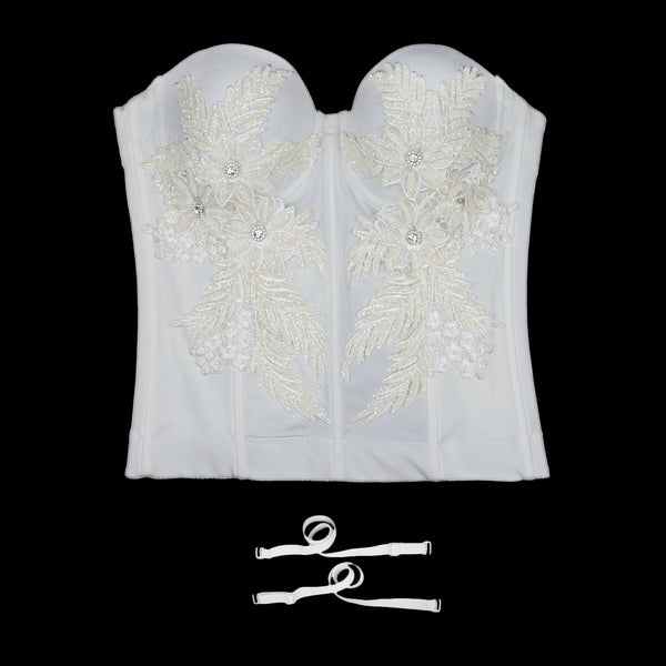 Women's Pearls Beaded Long Bustier Crop Top Embroidery Lace Corset Top Bodysuit White
 - FANCYMAKE