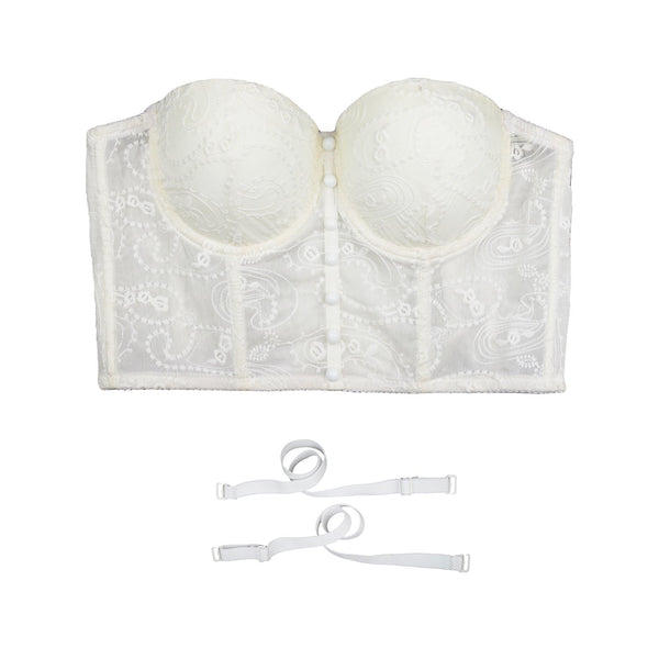 Women's Floral Lace Button Mesh Bustier Crop Top Sexy Corset Bra White - FANCYMAKE