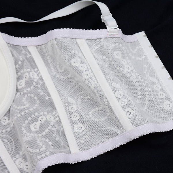 Women's Floral Lace Button Mesh Bustier Crop Top Sexy Corset Bra White - FANCYMAKE