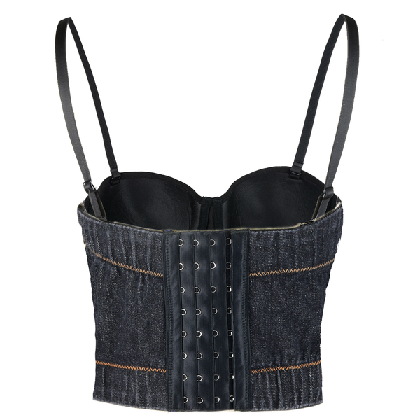 Women's Deium Bustier Crop Top Jean Corset Top Bra with Detachable Straps Black
 - FANCYMAKE