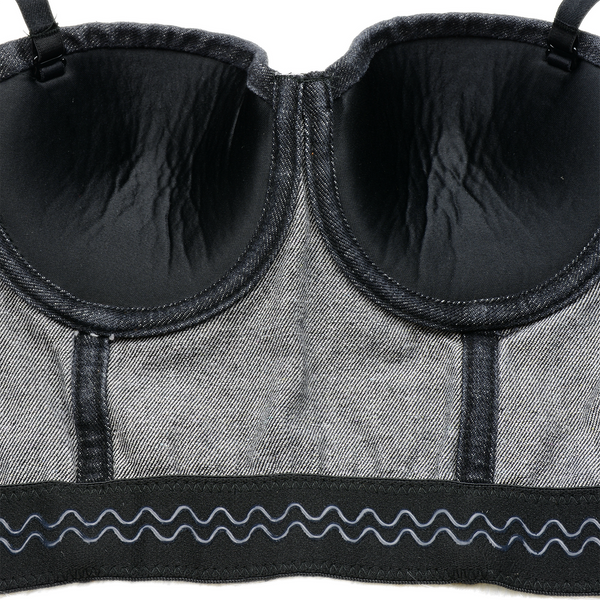 Women's Deium Bustier Crop Top Jean Corset Top Bra with Detachable Straps Black
 - FANCYMAKE
