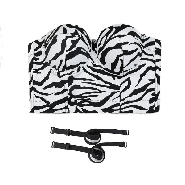 Zebra Pattern Bustier Crop Top Push Up Women's Corset Top Bra Black - FANCYMAKE