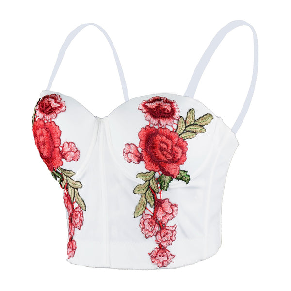 Women's Embroidery Floral Sexy Bustier Crop Top Smooth Corset Bra Tops White - FANCYMAKE