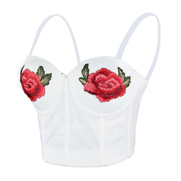 Women Embroidery Rose Smooth Bustier Crop Top Corset with Detachable Straps - FANCYMAKE