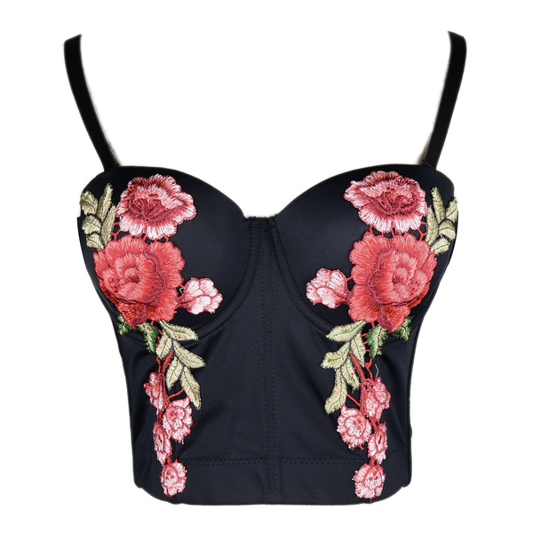 Women's Embroidery Floral Sexy Bustier Crop Top Smooth Corset Bra Tops Black - FANCYMAKE