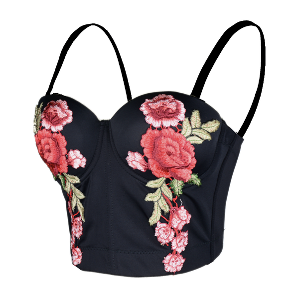 Women's Embroidery Floral Sexy Bustier Crop Top Smooth Corset Bra Tops Black - FANCYMAKE