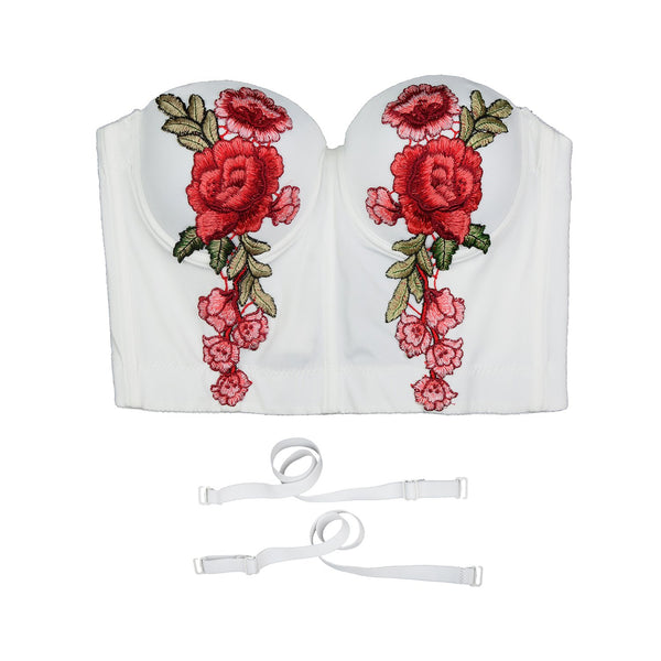 Women's Embroidery Floral Sexy Bustier Crop Top Smooth Corset Bra Tops White - FANCYMAKE