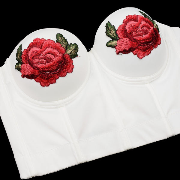 Women Embroidery Rose Smooth Bustier Crop Top Corset with Detachable Straps - FANCYMAKE