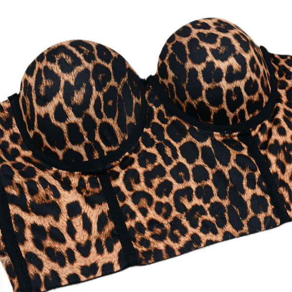 Women's Leopard Print Bustier Crop Tops Sexy Sleeveless Brown Women Corset Top - FANCYMAKE