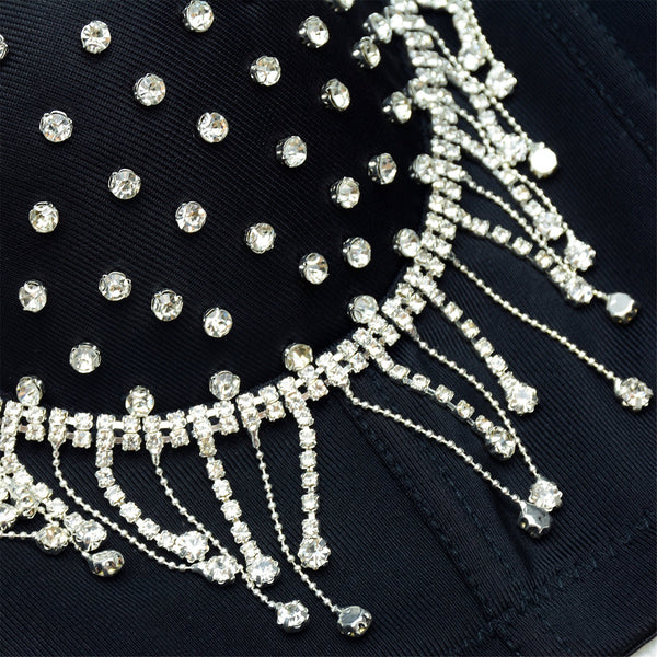 Women's Tassel Rhinestone Diamond Bustier Crop Top Luxury Corset Bra Black - FANCYMAKE
