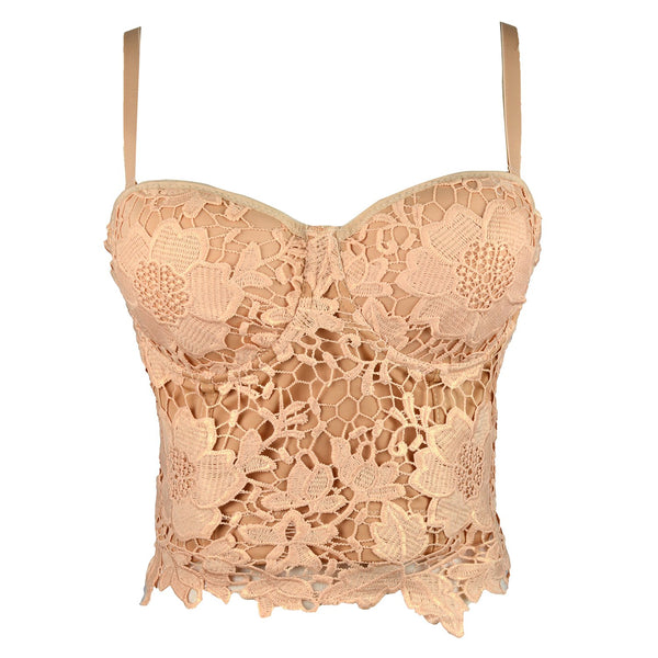 Women's Floral Lace Bustier Crop Top Gothic Corset Bra Tops Gold and Khaki - FANCYMAKE