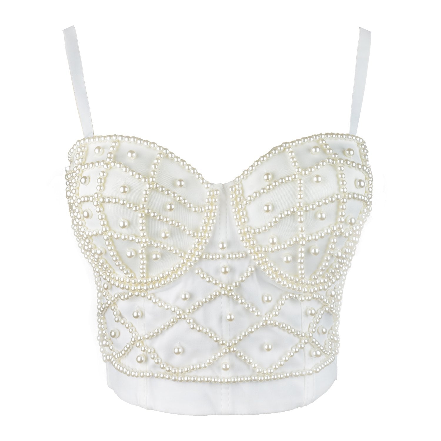 Women's Pearls Beaded Long Bustier Crop Top Embroidery Lace Corset Top
