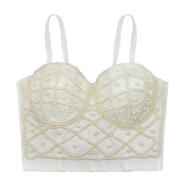 Sexy Pearls Beaded Bustier Corset Crop Top Club Party Cage Bra White - FANCYMAKE