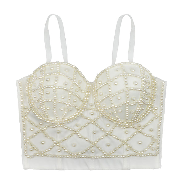 White Pearls Beaded Bustier Corset Club Party Cage Bra - FANCYMAKE