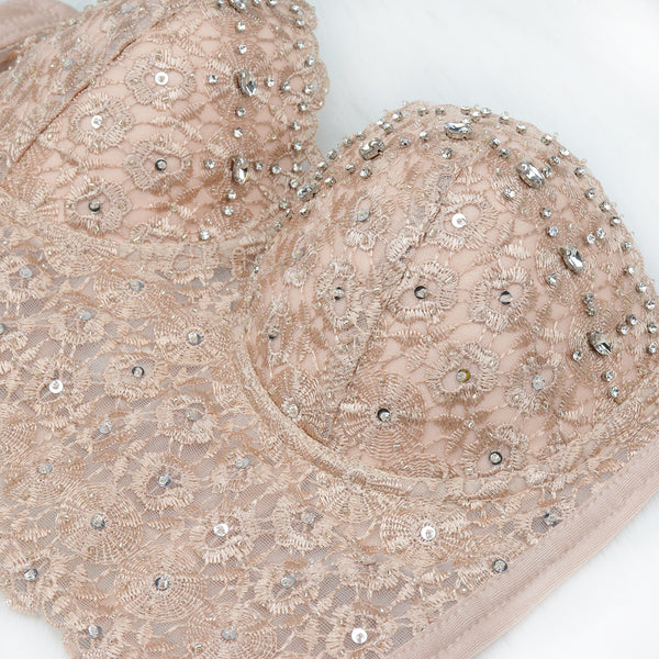 Nude Pearls Diamond Lace Crop Top Tank Tops - FANCYMAKE