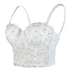 Women's Natural Reigning Lace Rhinestone Bustier Crop Top Sexy Mesh Corset Top Bra White