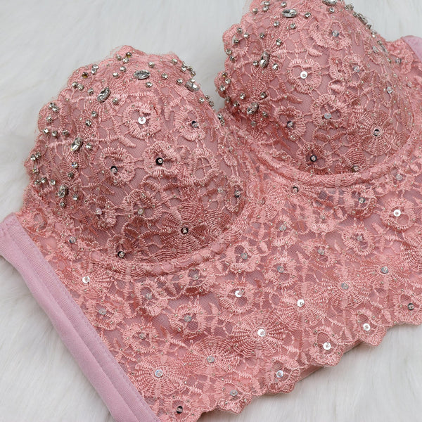 Women's Natural Reigning Lace Rhinestone Bustier Crop Top Sexy Mesh Corset Top Bra Pink - FANCYMAKE