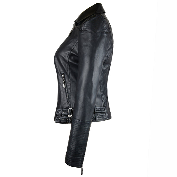 Women's Faux Leather Stylish Moto Biker Jacket - FANCYMAKE