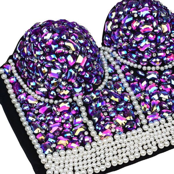 Women's Sexy Rhinestone Bead Bustier Crop Top Club Party Glitter Corset Top Bra Purple - FANCYMAKE