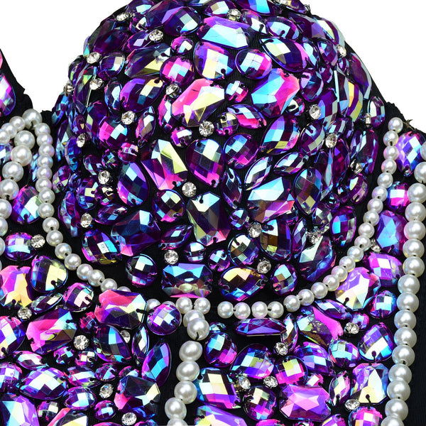 Women's Sexy Rhinestone Bead Bustier Crop Top Club Party Glitter Corset Top Bra Purple - FANCYMAKE