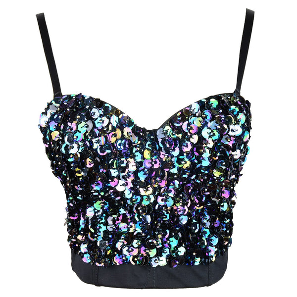 Sexy Sequin Bustier Crop Top Push up Club Party Corset Top Black
 - FANCYMAKE