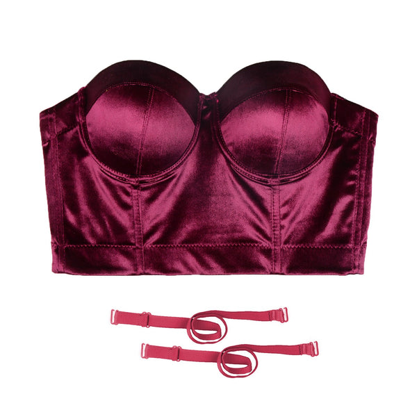 Velvet Soft Bustier Crop Top Push Up Women's Corset Top Bra Red - FANCYMAKE